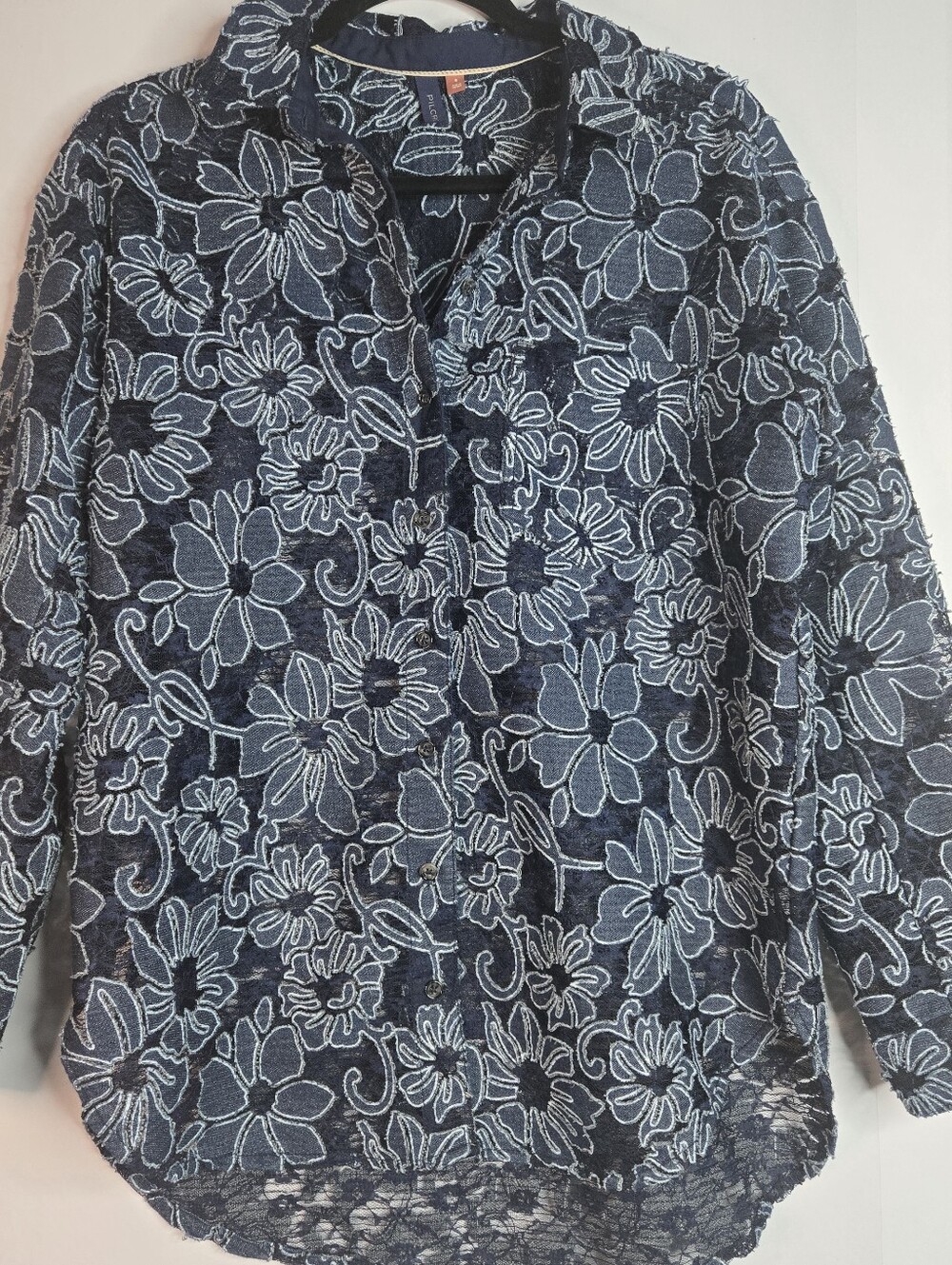 PILCRO Women Navy Size S, L/Sl Button Front Blouse, Denim Floral Inlay Pattern